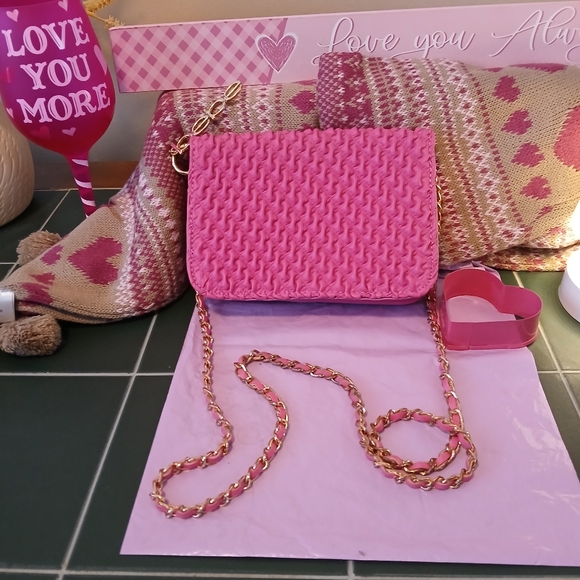 bebe Pink Woven Chain Shoulder Crossbody/Clutch Bag - Picture 3 of 10